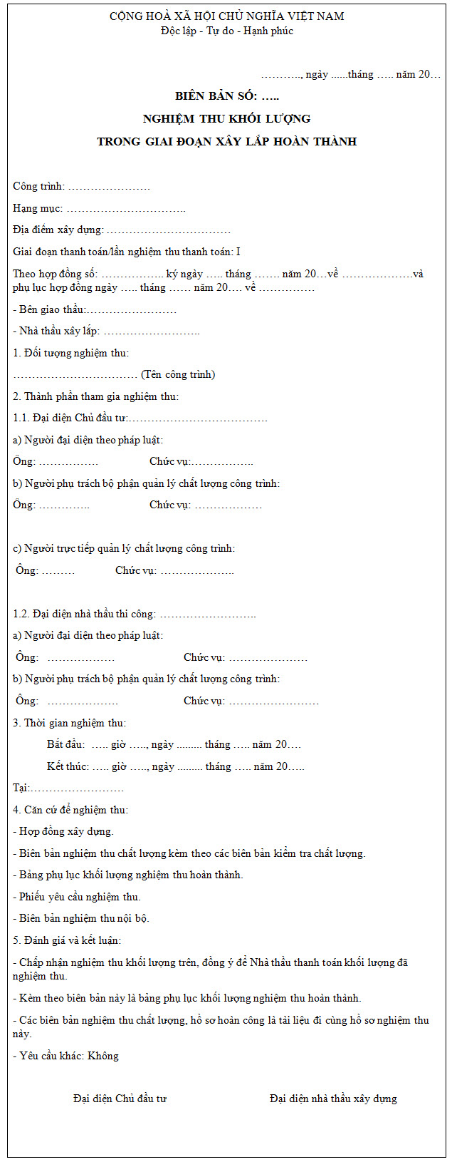 Biên bản nghiệm thu hoàn thành công trình