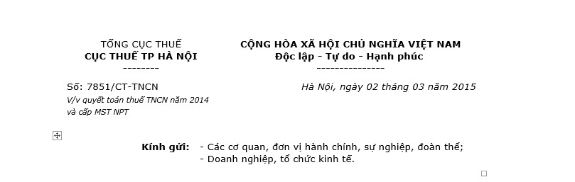 Công văn 7851/CT-TNCN - Quyết toán thuế TNCN năm 2014 và cấp MST người phụ thuộc