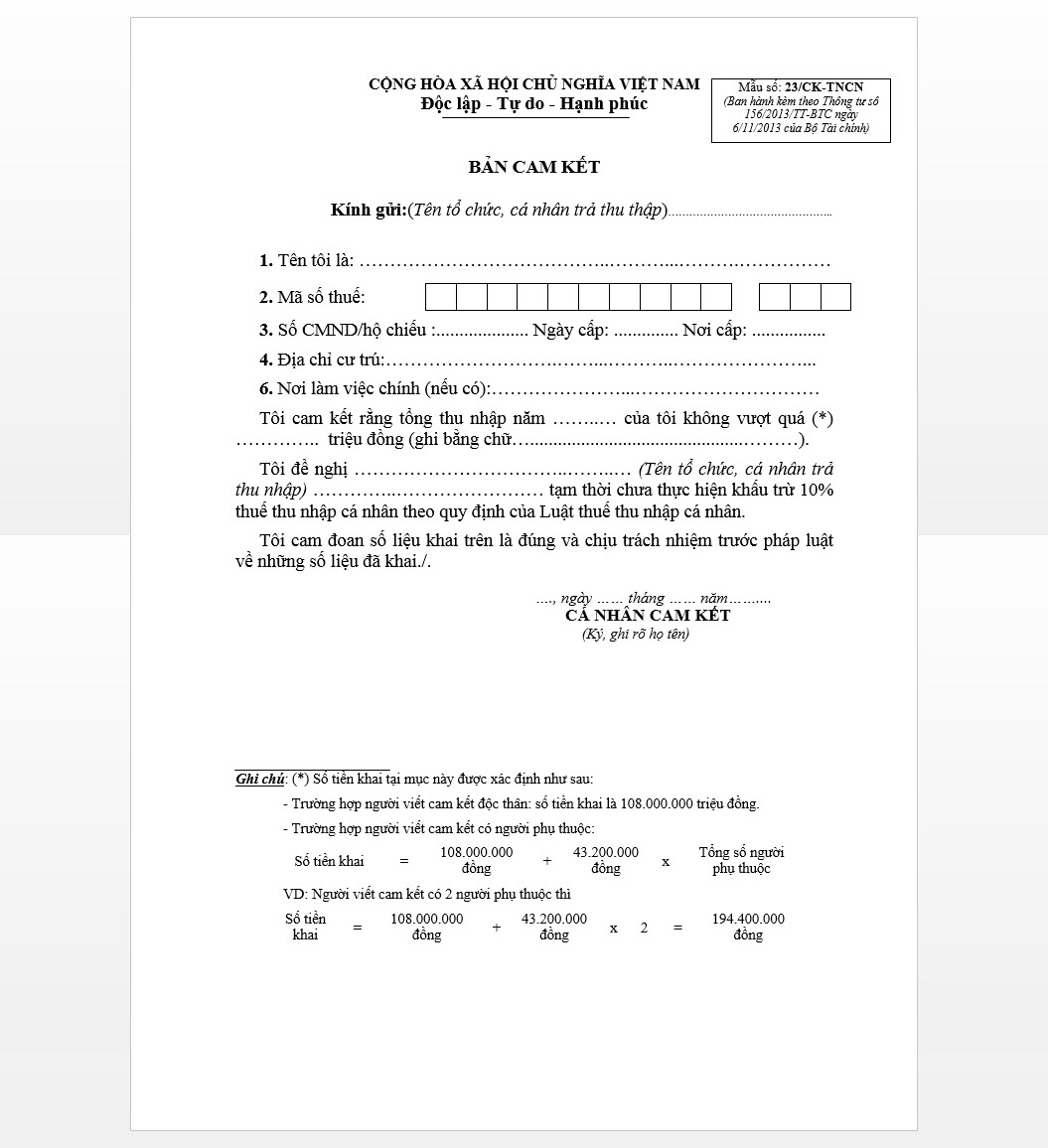 Mẫu cam kết số 23/CK-TNCN
