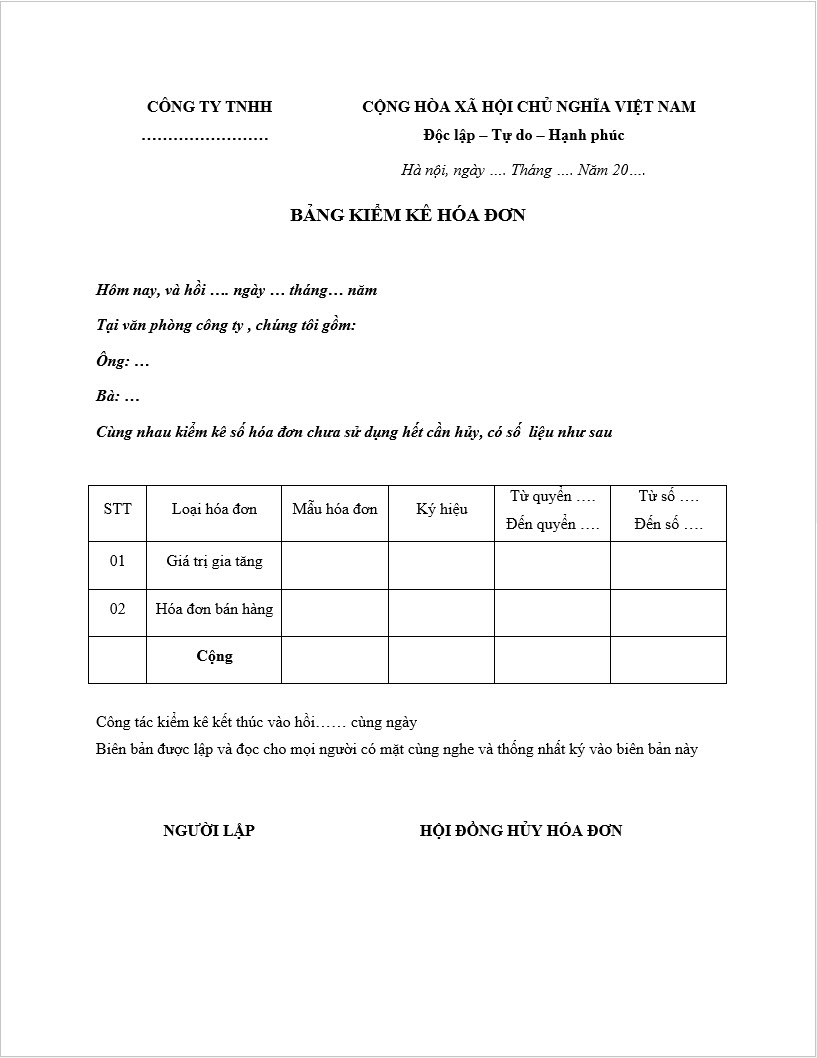 Bảng kiểm kê hóa đơn cần hủy