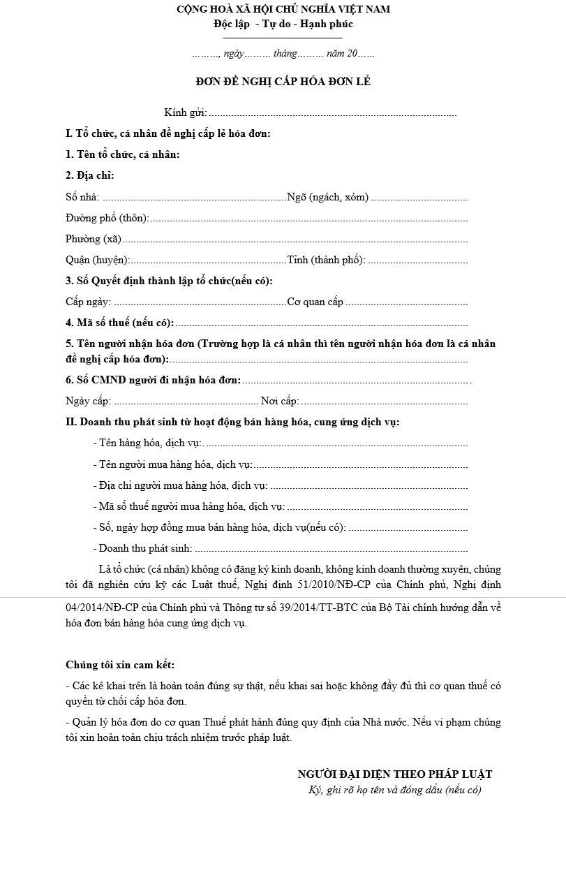 Mẫu 3.4 Đơn đề nghị cấp hóa đơn lẻ