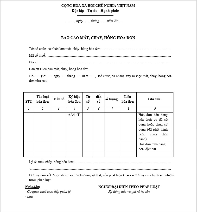 Mẫu 3.8 Báo cáo mất, cháy, hỏng hóa đơn
