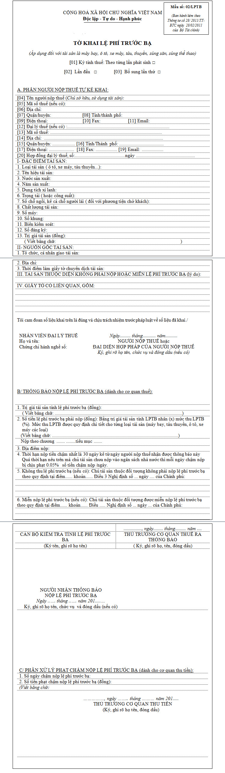 Mẫu tờ khai lệ phí trước bạ