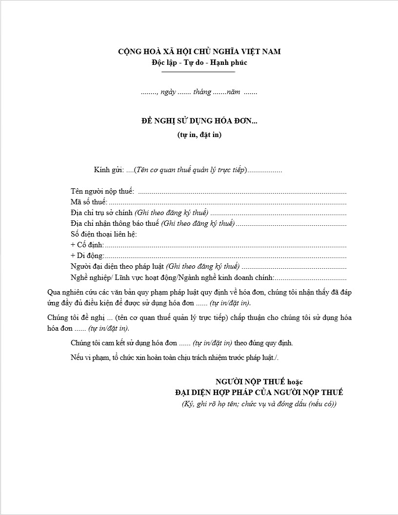 Mẫu 3.14 Đề nghị sử dụng hóa đơn tự in, đặt in