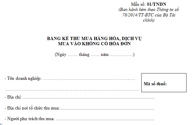 Mẫu 01/TNDN - Bảng kê thu mua hàng hóa dịch vụ không có hóa đơn