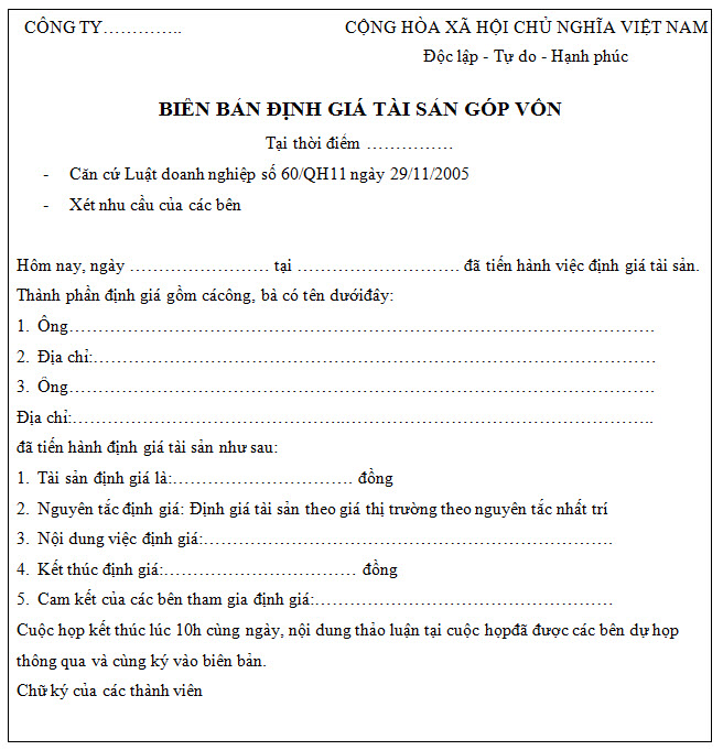 Biên bản định giá tài sản góp vốn