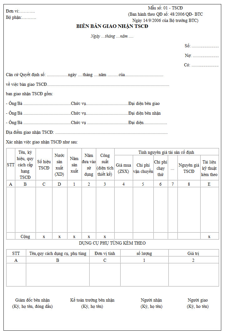 Biên bản giao nhận tài sản cố định