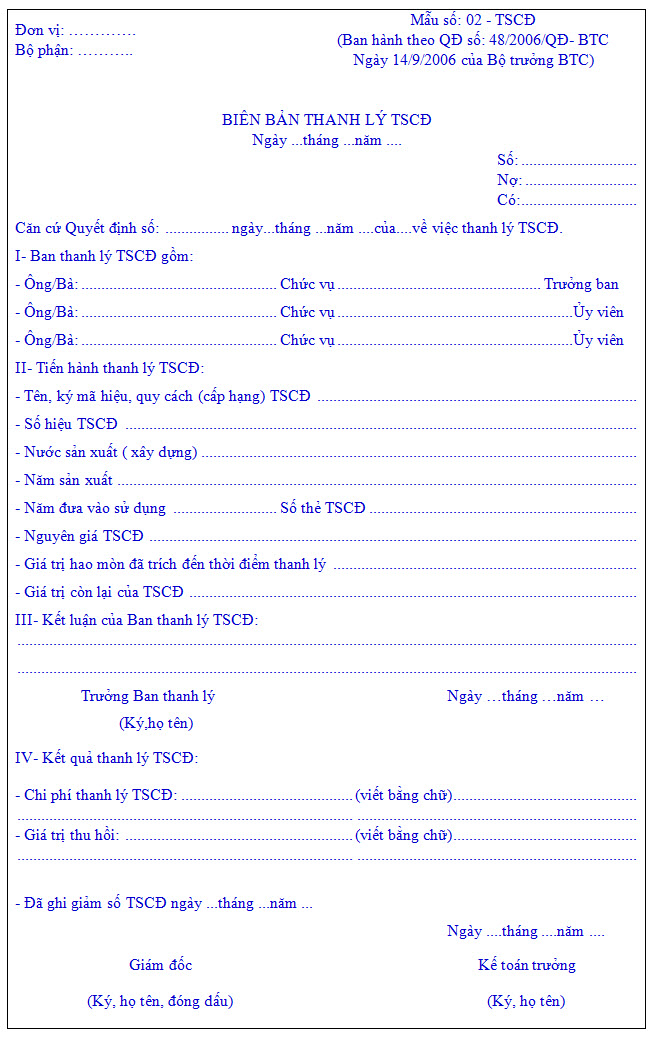 Biên bản thanh lý tài sản theo quyết định 48 của Bộ Tài chính