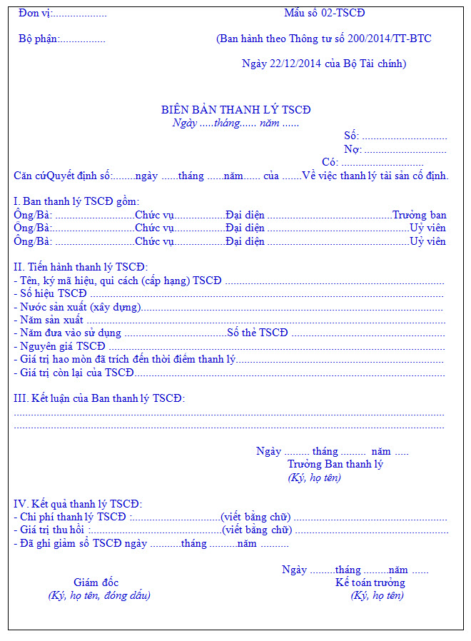 Biên bản thanh lý tài sản cố định theo thông tư 200