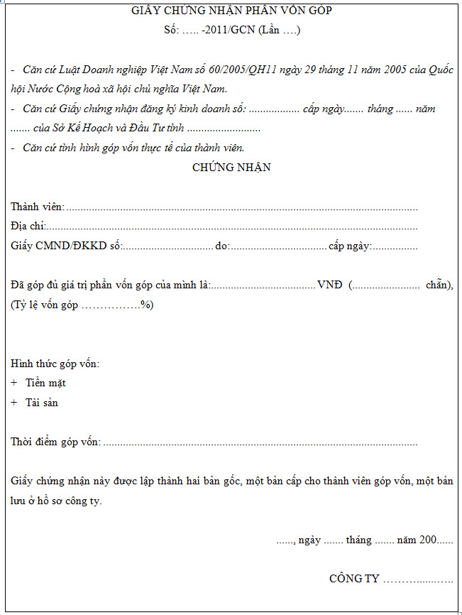 Giấy chứng nhận góp vốn