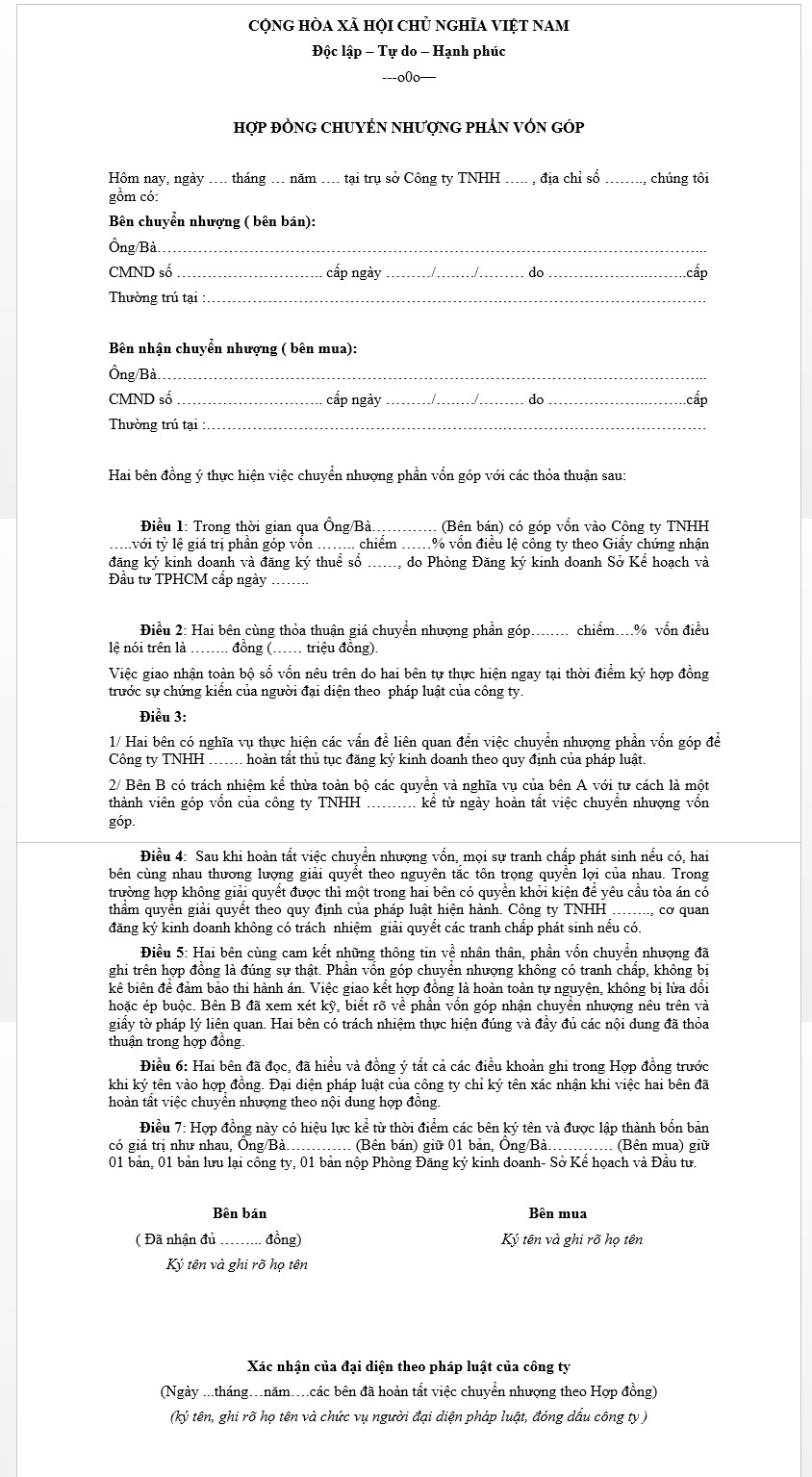 Hợp đồng chuyển nhượng phần vốn góp