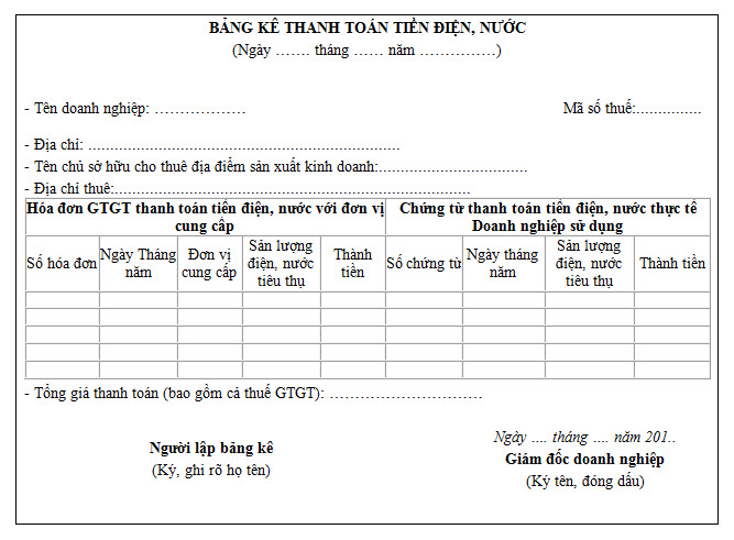 Mẫu bảng kê thanh toán tiền điện nước
