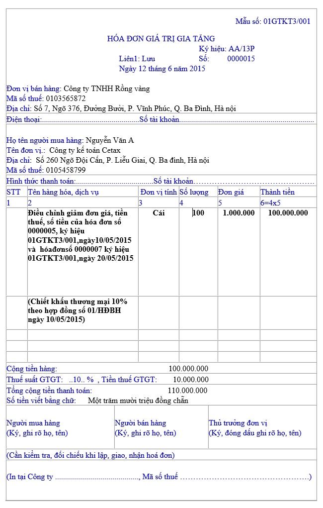 Mẫu hóa đơn GTGT chiết khấu thương mại khi kết thúc chương trình khuyến mại