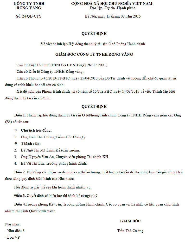 Mẫu quyết định thành lập hội đồng thanh lý tài sản