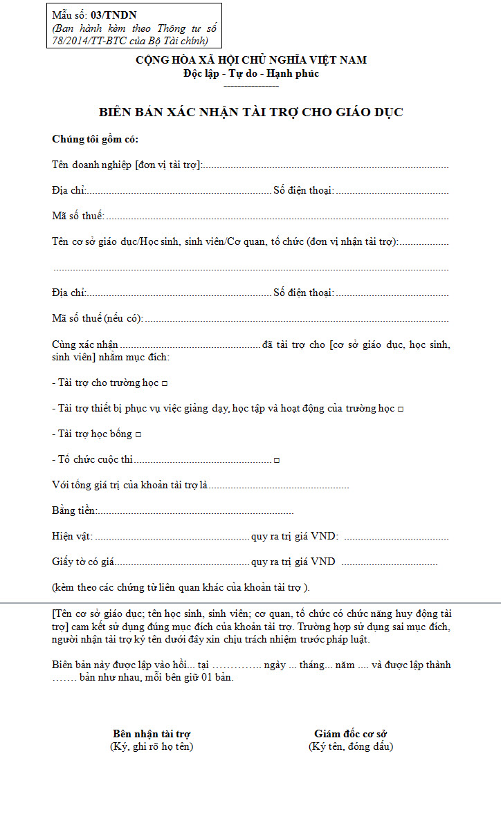 Mẫu 03/TNDN - Biên bản xác nhận tài trợ cho giáo dục