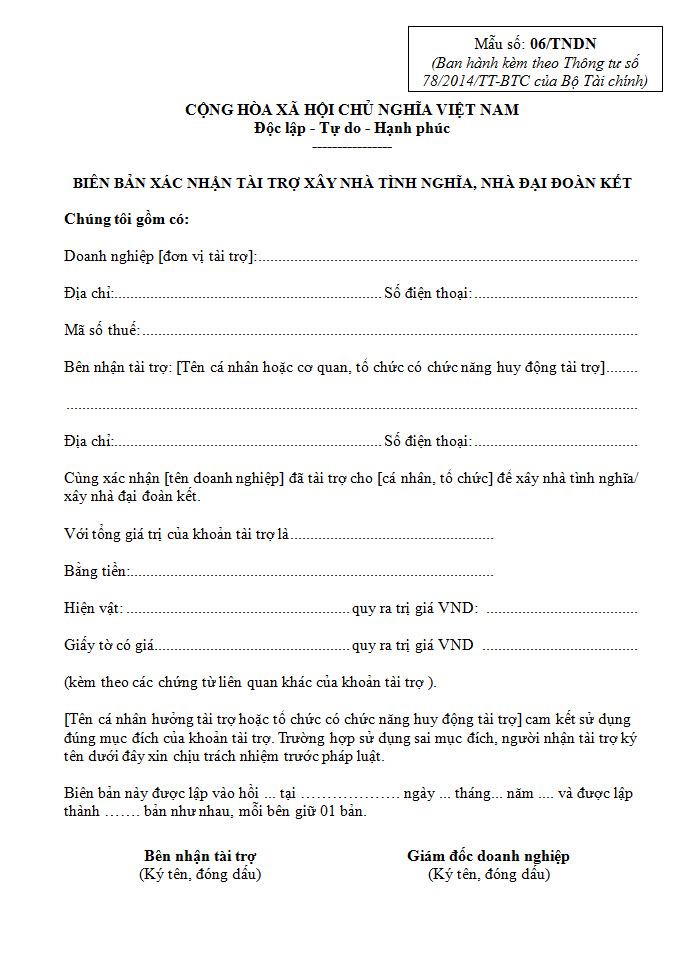Mẫu 06/TNDN - Biên bản xác nhận tài trợ xây nhà tình nghĩa
