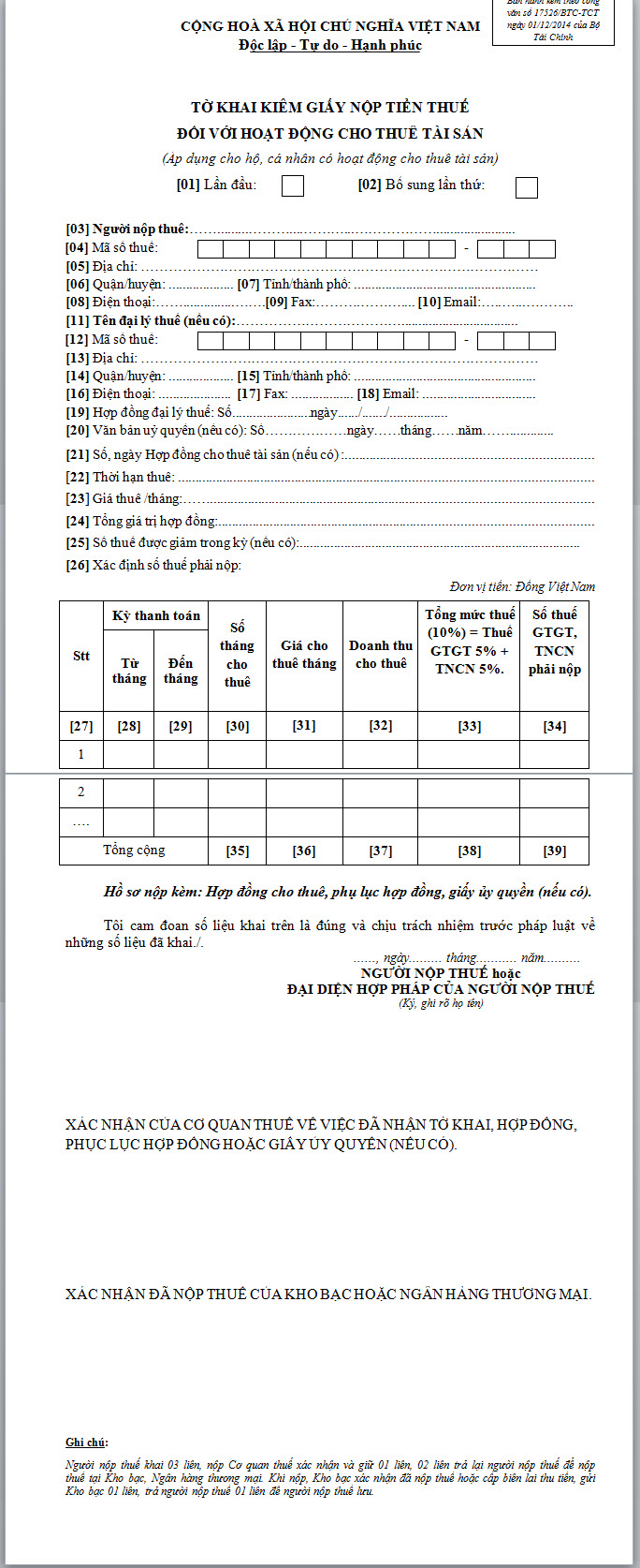 Mẫu 01/KK-TTS- tờ khai kiêm giấy nộp tiền thuế đối với hoạt động thuê tài sản
