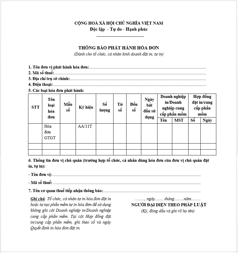 Mẫu 3.5 Thông báo phát hành hóa đơn