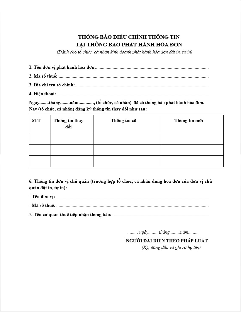 Mẫu 3.13 Thông báo điều chỉnh thông tin hóa đơn