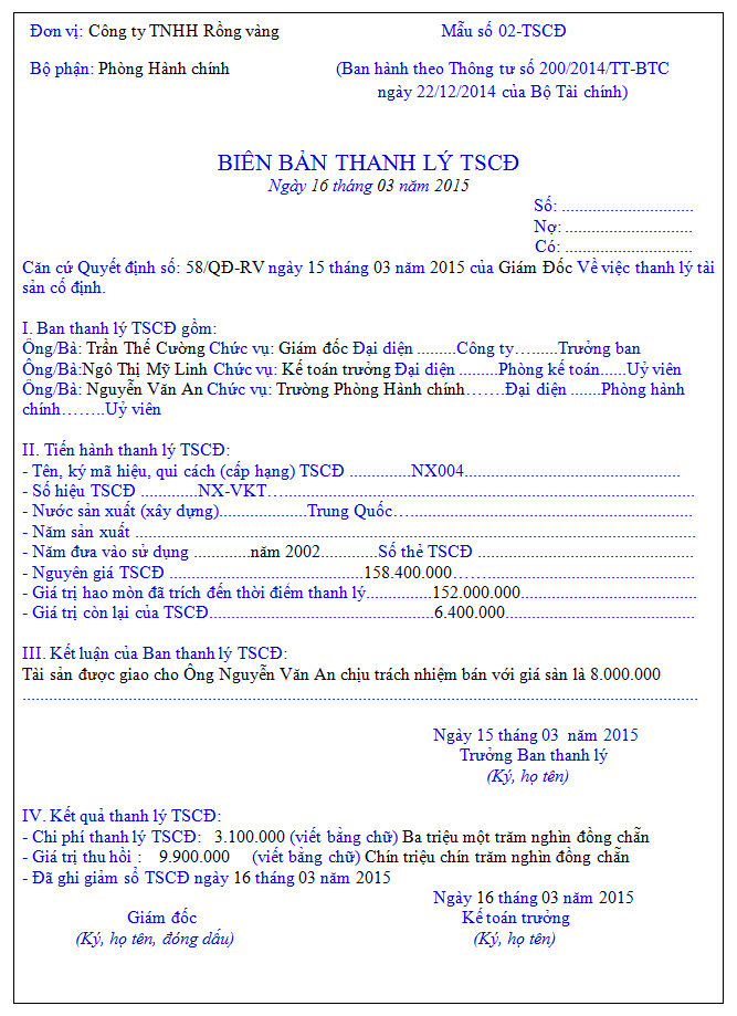 Ví dụ thanh lý tài sản cách ghi biên bản và hạch toán