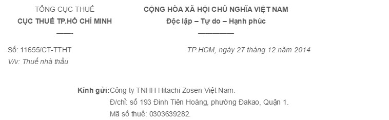 Công văn số 11655/CT-TTHT ngày 27/12/2014 về Thuế nhà thầu của Cục thuế TP.HCM
