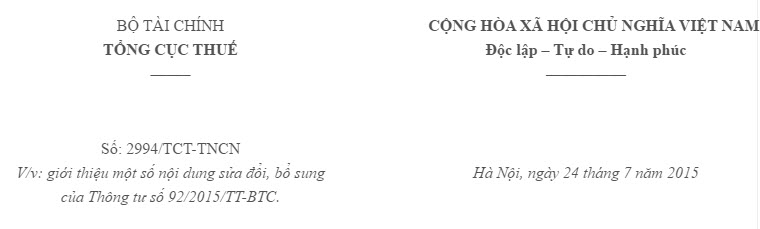 Công văn số 2997/TCT-TNCN - sửa đổi, bổ sung Thông tư số 92/2015/TT-BTC
