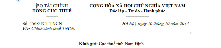 Công văn số 4568/2014/TCT-TNCN - Chính sách thuế TNCN