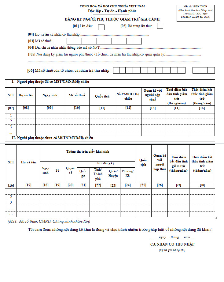 Tờ khai đăng ký người phụ thuộc mẫu số 16/ĐK-TNCN