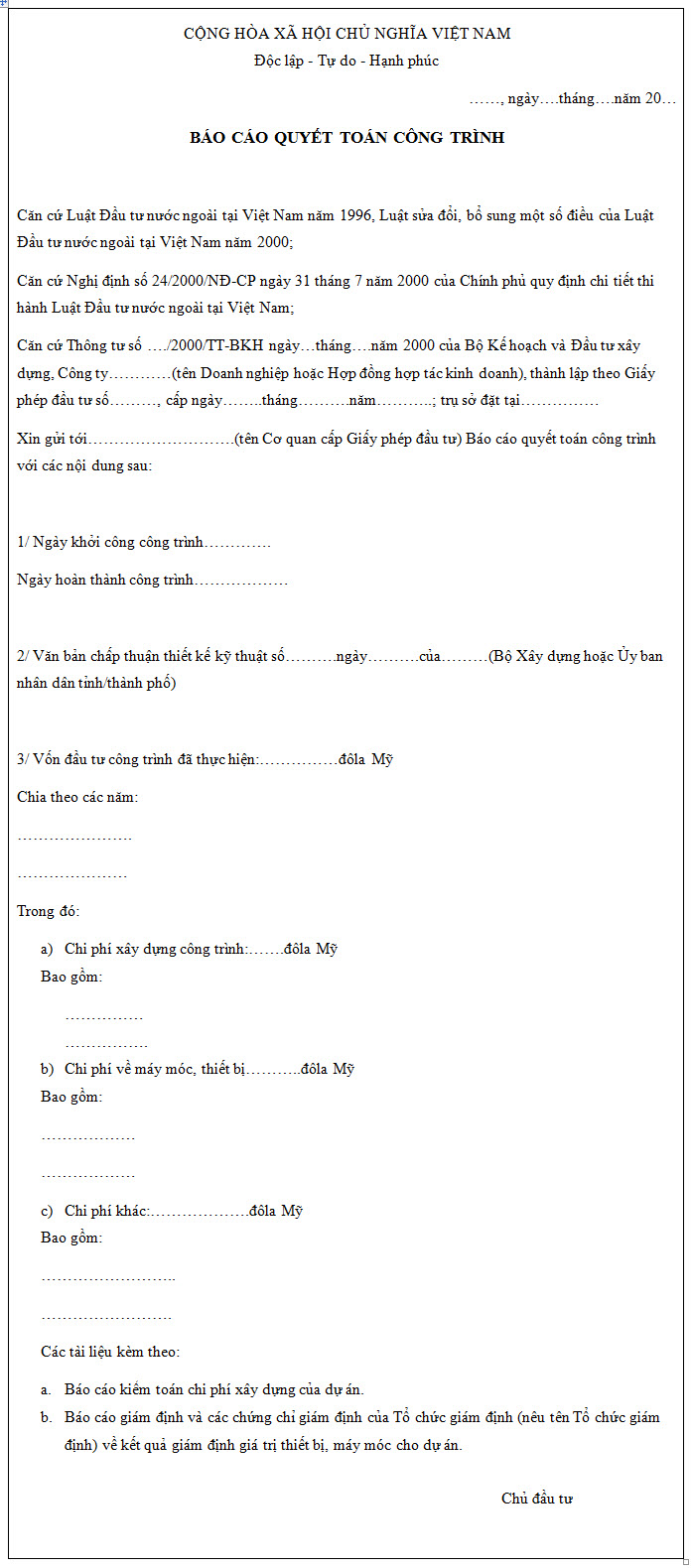 Mẫu báo cáo quyết toán công trình