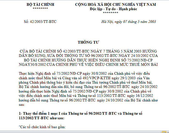 Thông tư số 42/2003/TT-BTC - sửa đổi bổ sung việc điều chỉnh mức thuế môn bài