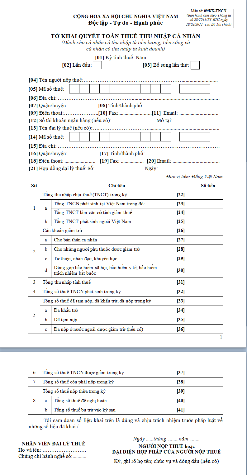 Tờ khai quyết toán thuế thu nhập cá nhân mẫu số 09/KK-TNCN
