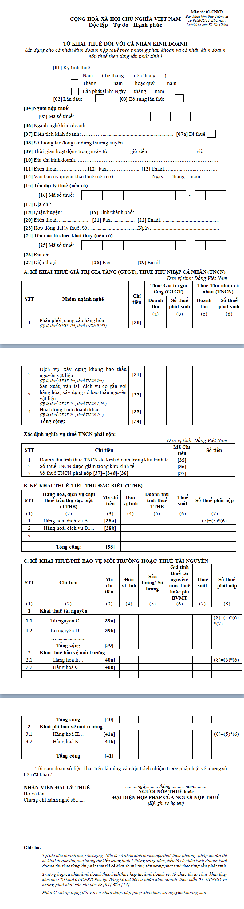 Mẫu tờ khai thuế đối với cá nhân kinh doanh-01/CNKD