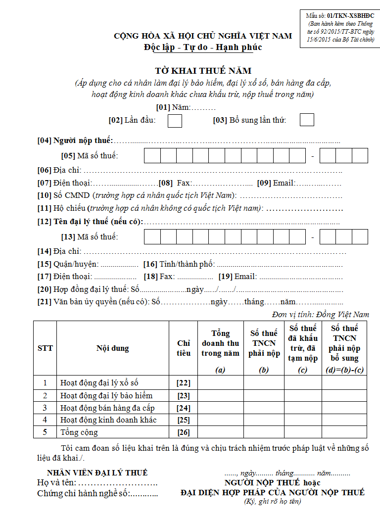 Mẫu tờ khai thuế năm 01/TKN-XSBHĐC