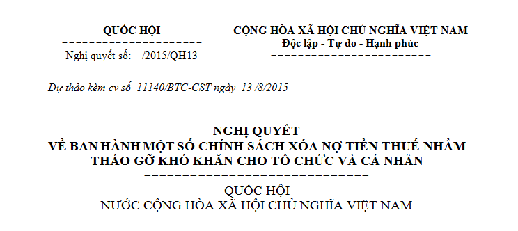 Dự thảo nghị quyết về ban hành một số chính sách xóa nợ tiền thuế nhằm khó gỡ khó khăn cho tổ chức và cá nhân