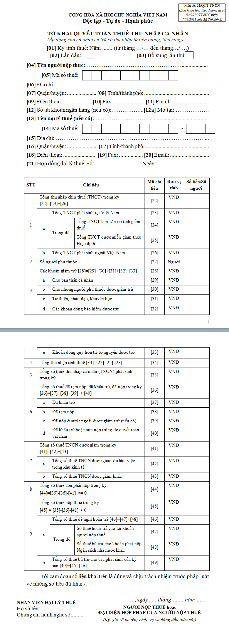 Mẫu tờ khai quyết toán thuế thu nhập cá nhân 02/QTT-TNCN