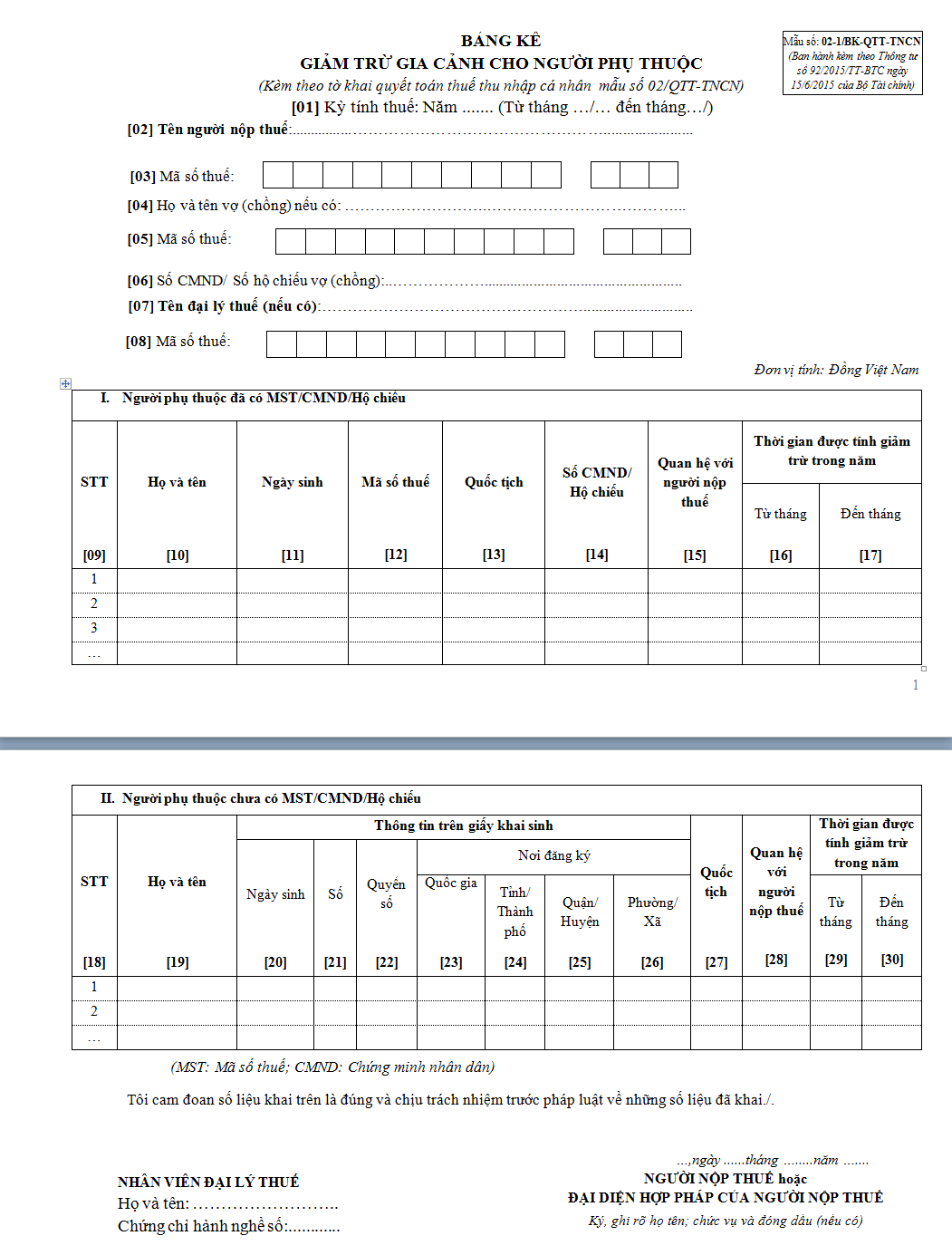 Mẫu bảng kê giảm trừ gia cảnh cho người phụ thuộc 02-1/BK-QTT-TNCN