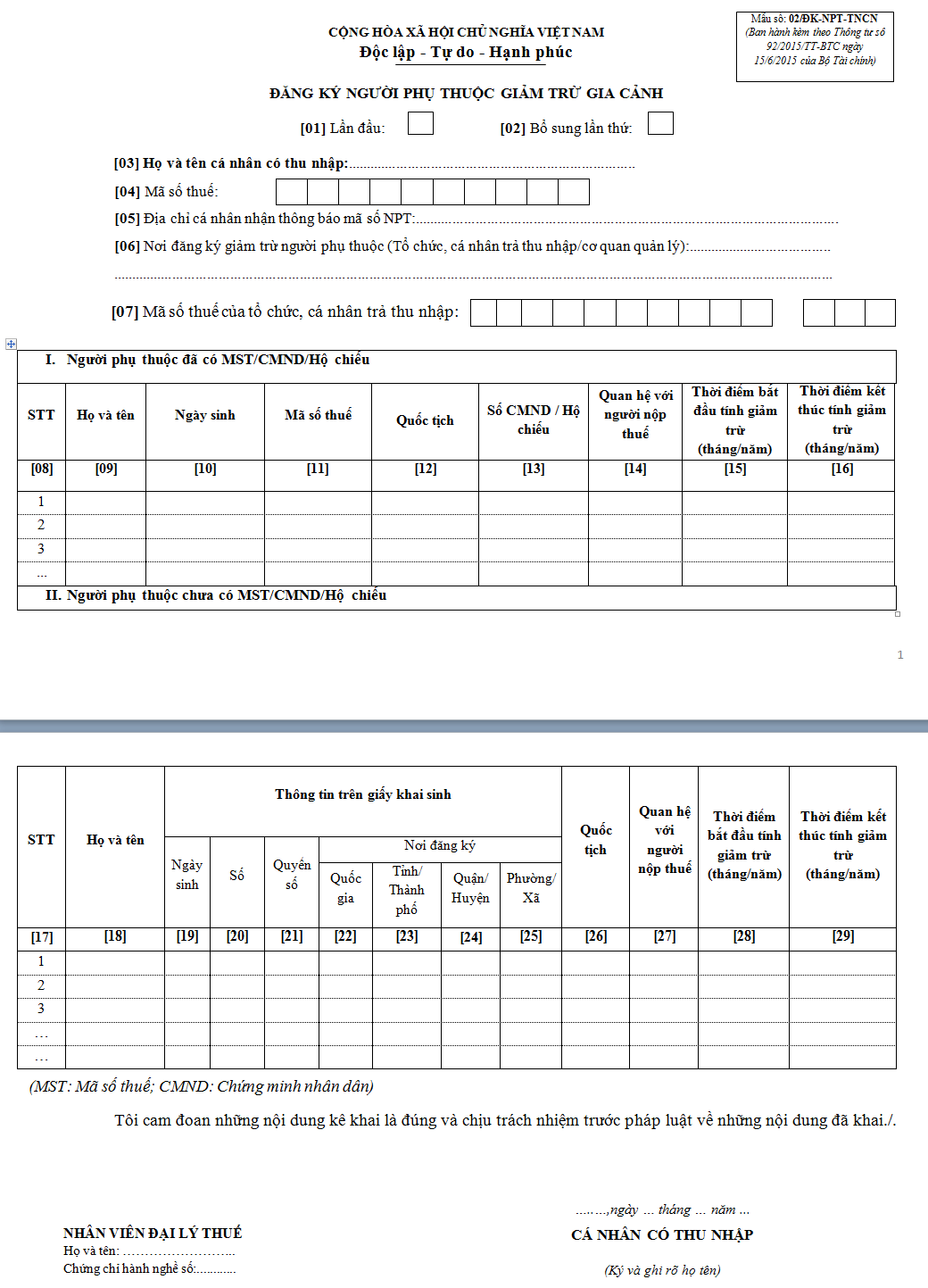 Mẫu đăng ký người phụ thuộc giảm trừ gia cảnh 02/ĐK-NPT-TNCN