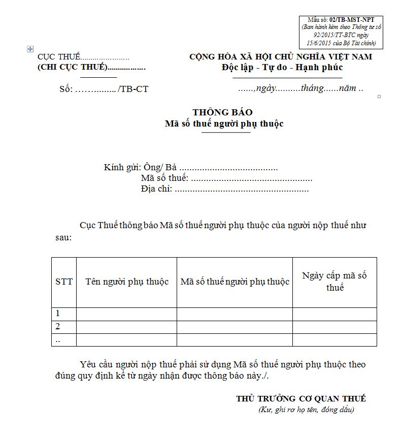 Mẫu thông báo mã số thuế người phụ thuộc 02/TB-MST-NPT