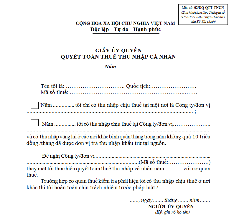 Mẫu giấy ủy quyền quyết toán thuế thu nhập cá nhân 02/UQ-QTT-TNCN
