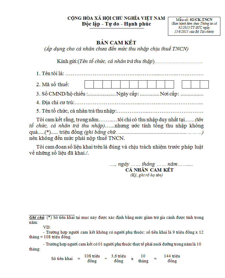 Mẫu bản cam kết 02/CK-TNCN