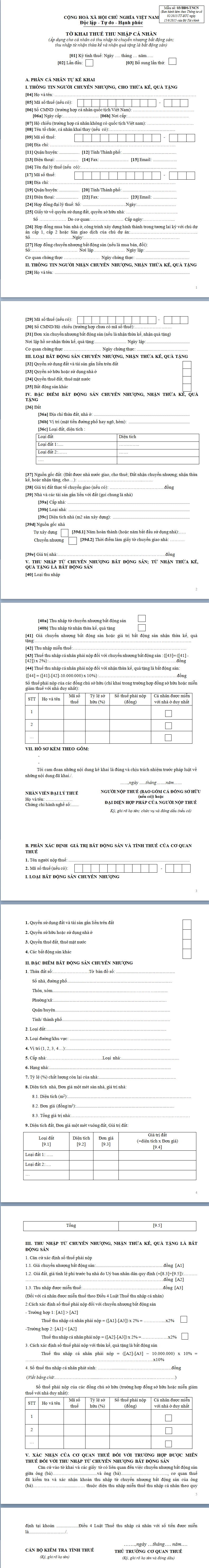 Mẫu tờ khai thuế thu nhập cá nhân 03/BĐS-TNCN