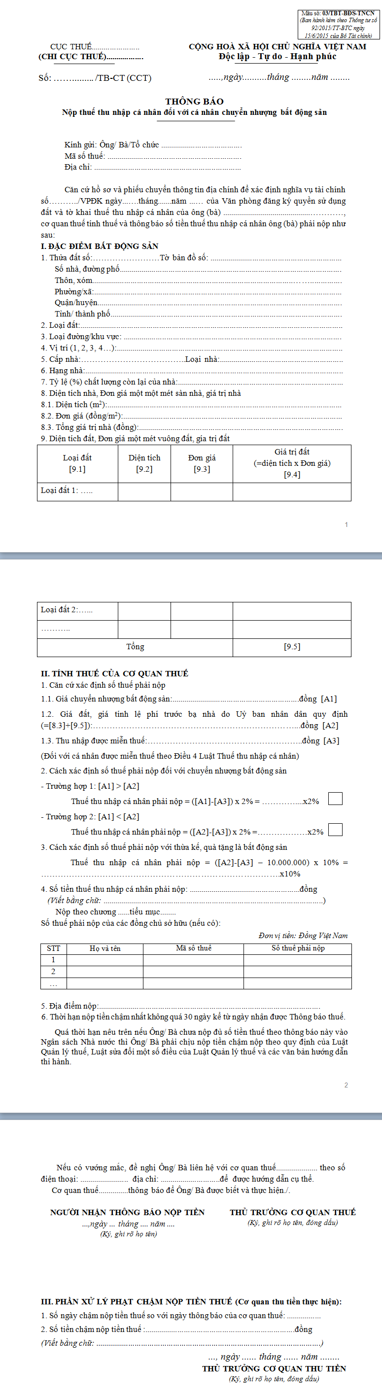 Mẫu thông báo nộp thuế thu nhập cá nhân đối với cá nhân chuyển nhượng bất động sản 03/TBT-BĐS-TNCN