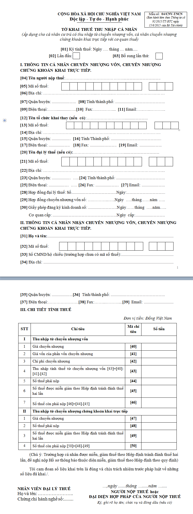 Mẫu tờ khai thuế thu nhập cá nhân số 04/CNV-TNCN