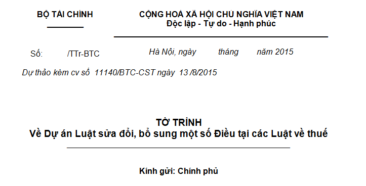 Tờ trình chính phủ về dự án Luật sửa đổi bổ sung một số điều tại các Luật về thuế