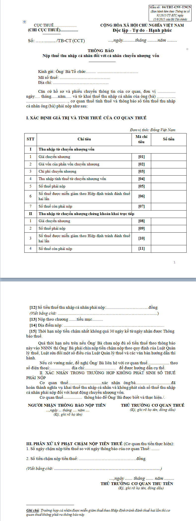 Mẫu thông báo nộp thuế thu nhập cá nhân đối với cá nhân chuyển nhượng vốn 04/TBT-CNV-TNCN