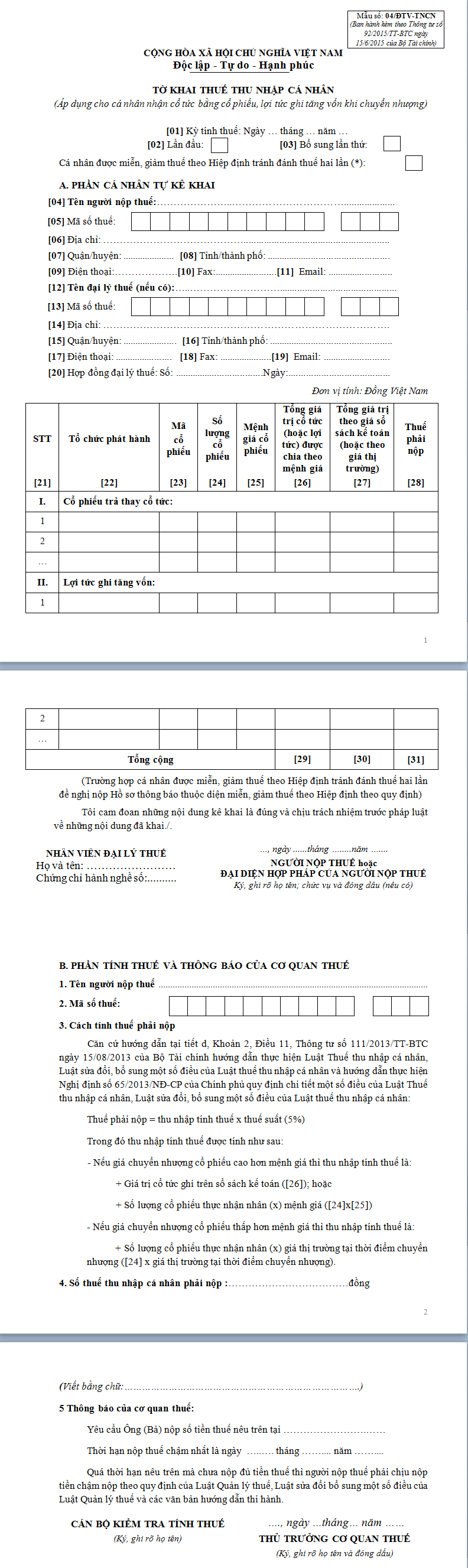 Mẫu tờ khai thuế thu nhập cá nhân 04/ĐTV-TNCN