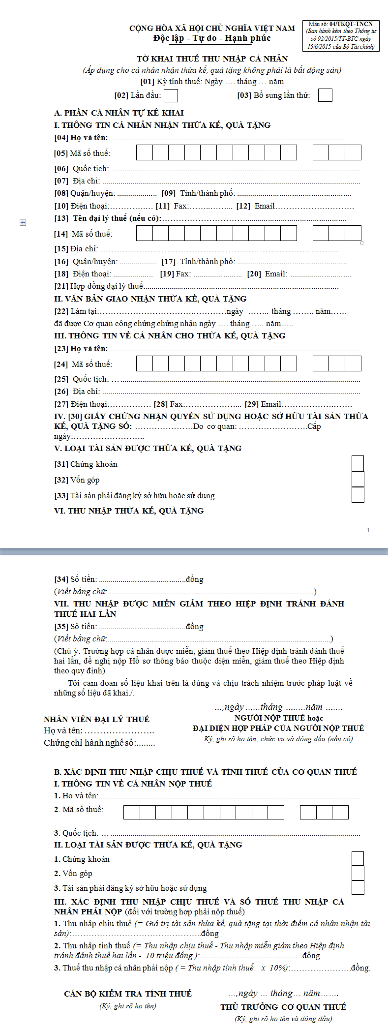Mẫu tờ khai thuế thu nhập cá nhân 04/TKQT-TNCN