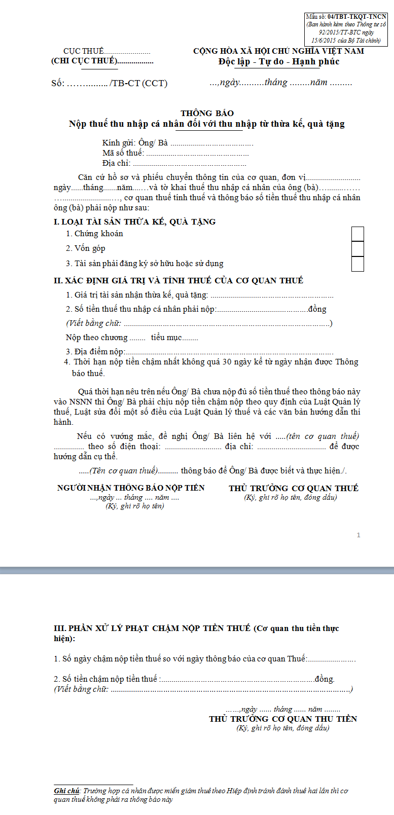 Mẫu thông báo nộp thuế thu nhập cá nhân đối với thu nhập từ thừa kế, quà tặng 04/TBT-TKQT-TNCN