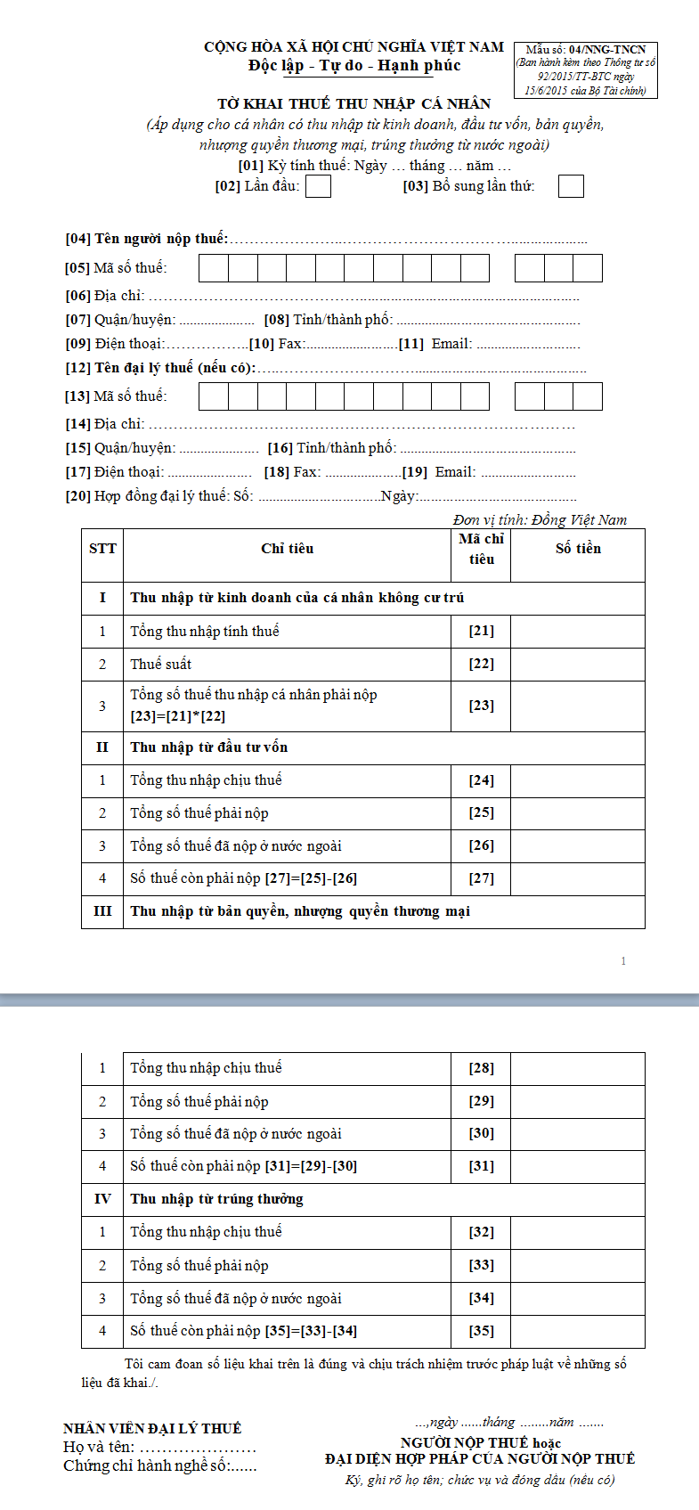 Mẫu tờ khai thuế thu nhập cá nhân 04/NNG-TNCN