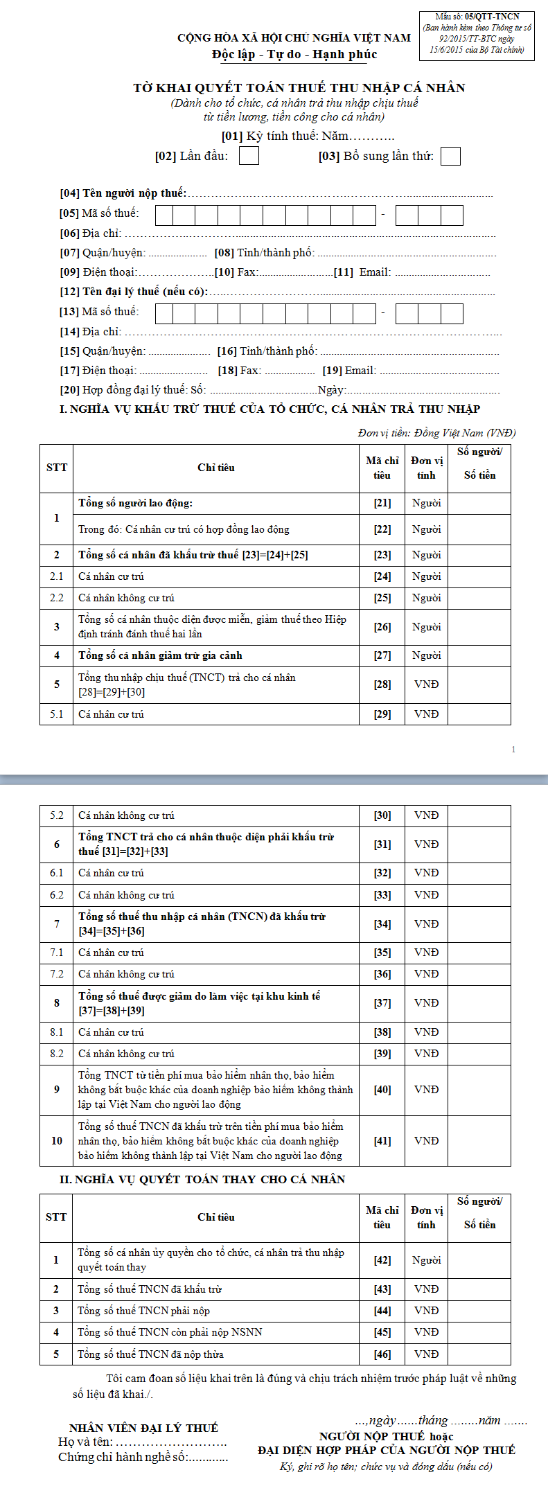 Mẫu tờ khai quyết toán thuế thu nhập cá nhân 05/QTT-TNCN